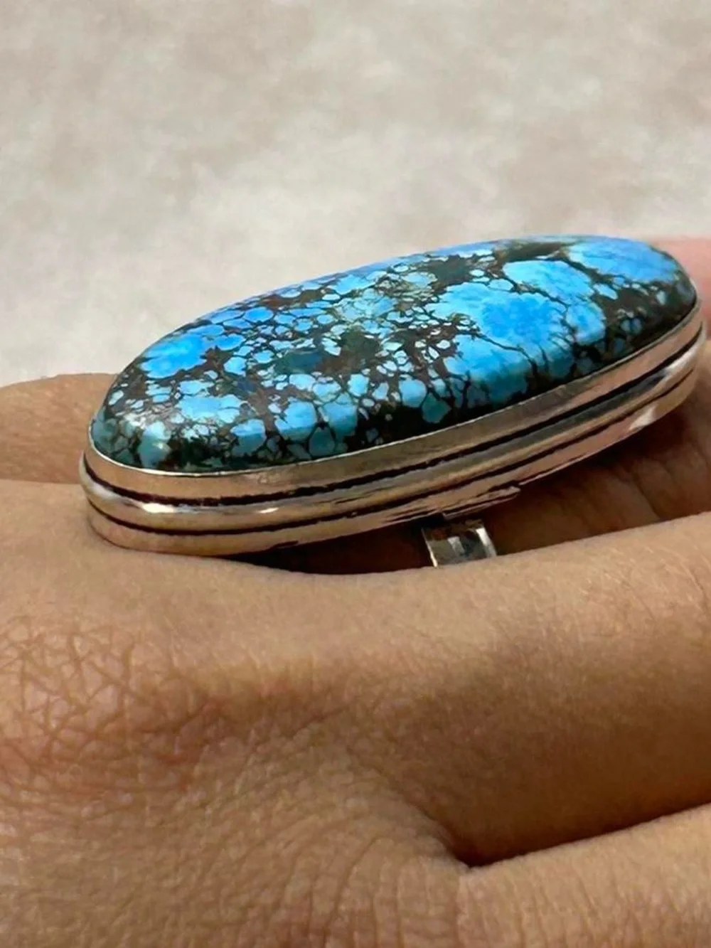 925 Silver Blue Turquoise Oval Statement Ring - Women Jewelry